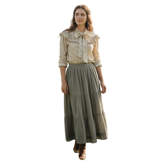 Vintage Sz S Prairie Cottagecore Neutral Floral Ruffle Blouse with Berta Collar - Picture 1 of 7